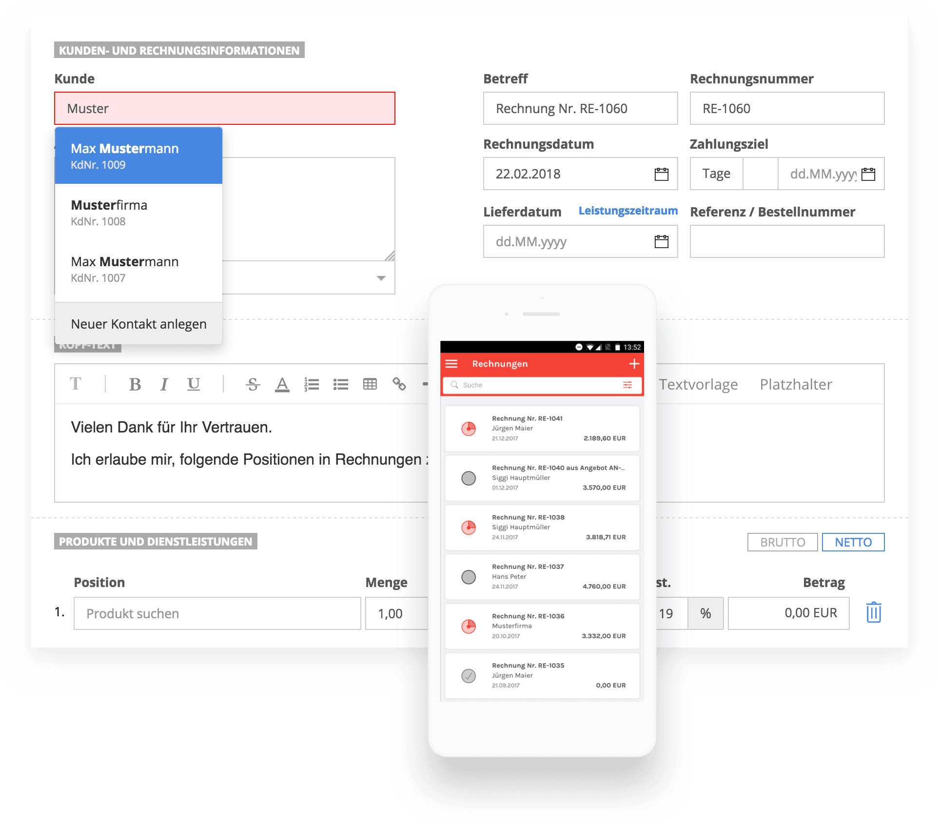 Screenshot: Rechnungen schreiben - ganz einfach mit sevDesk