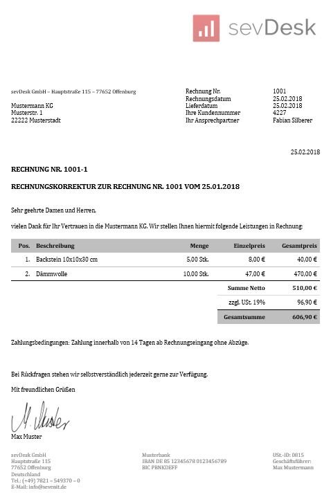 Rechnungskorrektur Muster - Kostenloser Download