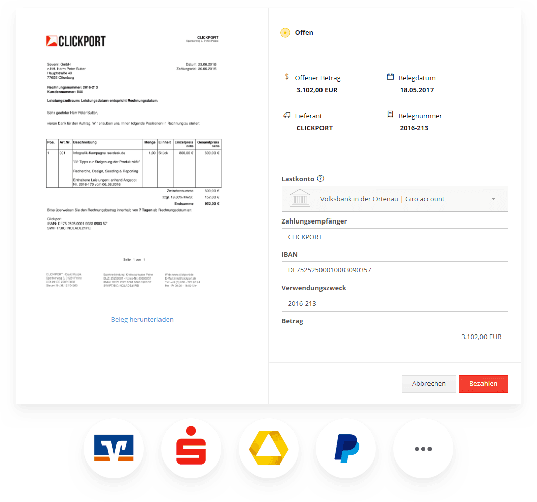 Screenshot: Online-Banking Funktionen von sevDesk