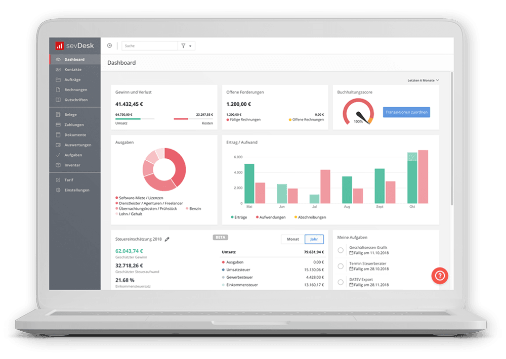 Laptop mit Dashboard-Ansicht von sevDesk