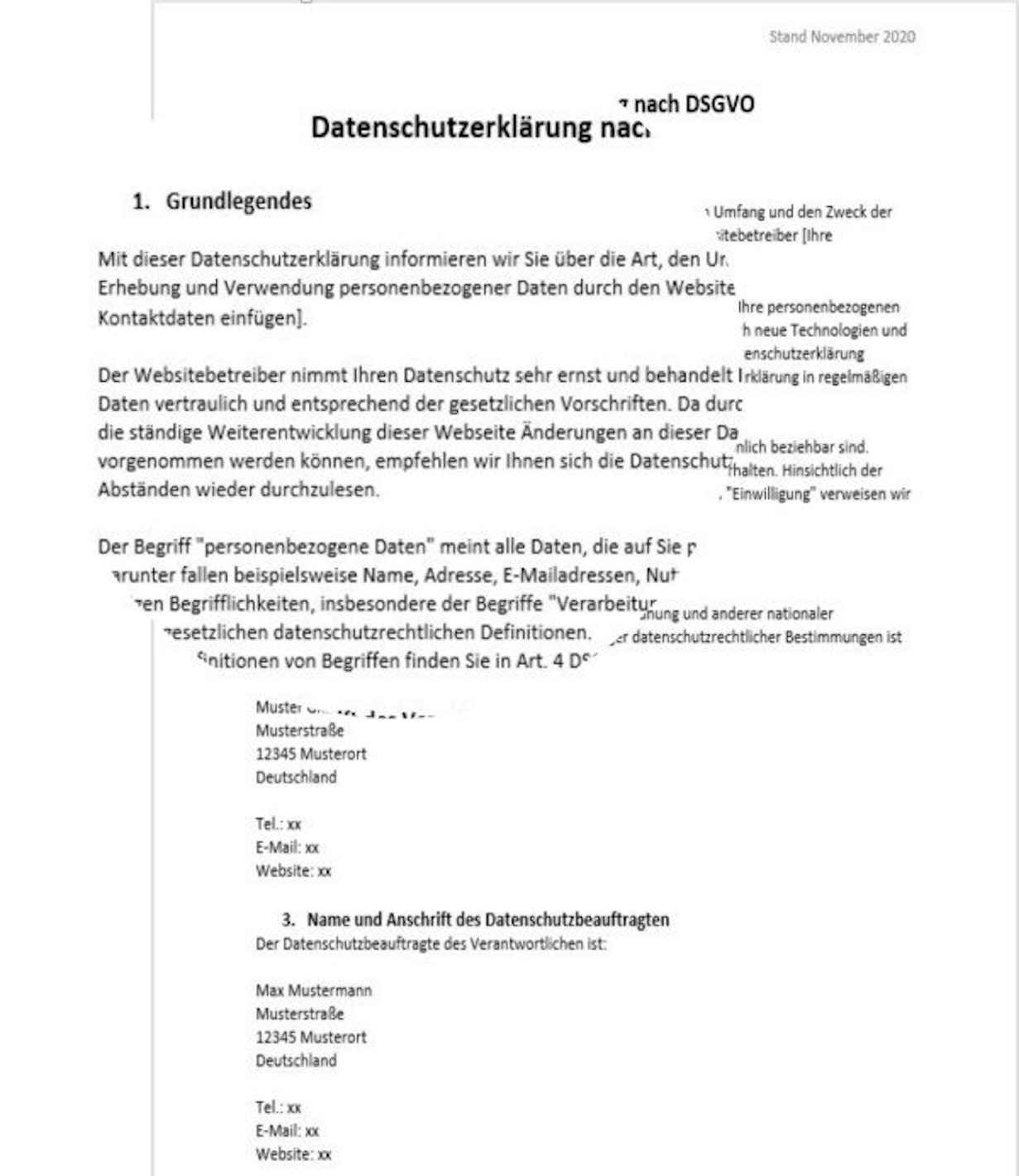 Datenschutzerklärung Muster - kostenloser Download für Word