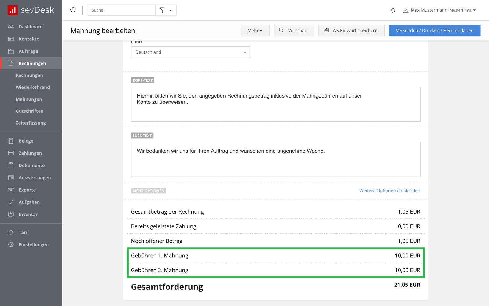 Mahnung bearbeiten